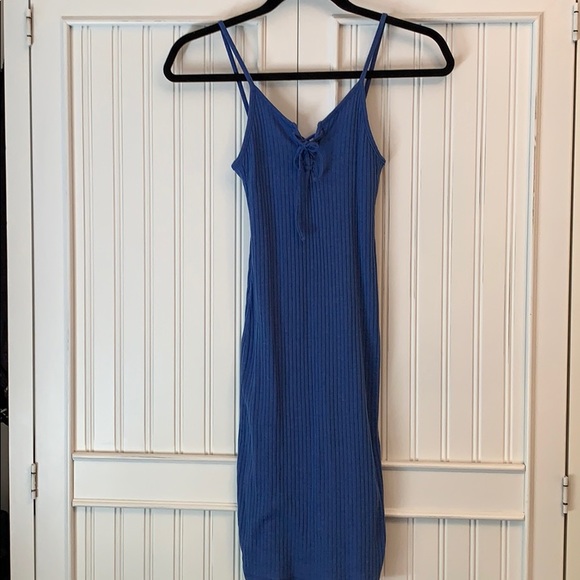 TOPSHOP ribbed blue tie front dress - Picture 1 of 4